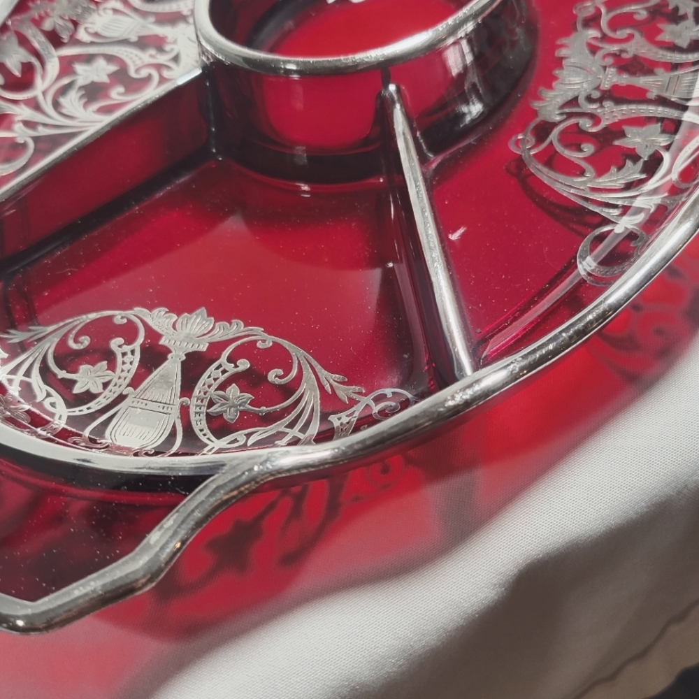 Sterling Silver Overlay Ruby Red Glass Relish Tray